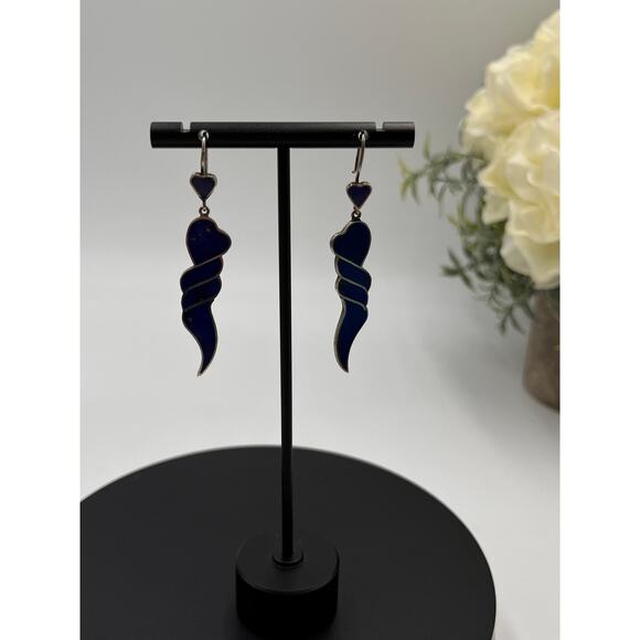 Lapis Lazuli Royal Blue 950 Sterling Silver Heart Dangle Southwestern Earring - Picture 3 of 10